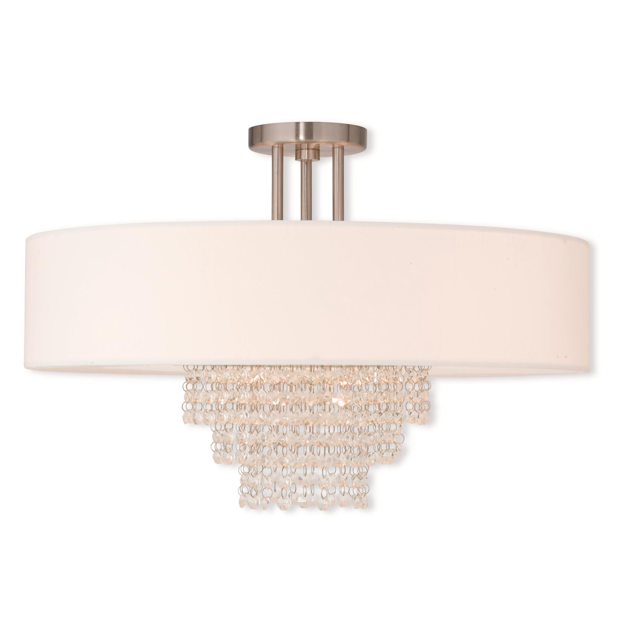 Shown in Brushed Nickel finish and Clear crystal and Off-White Sheer Organza shade